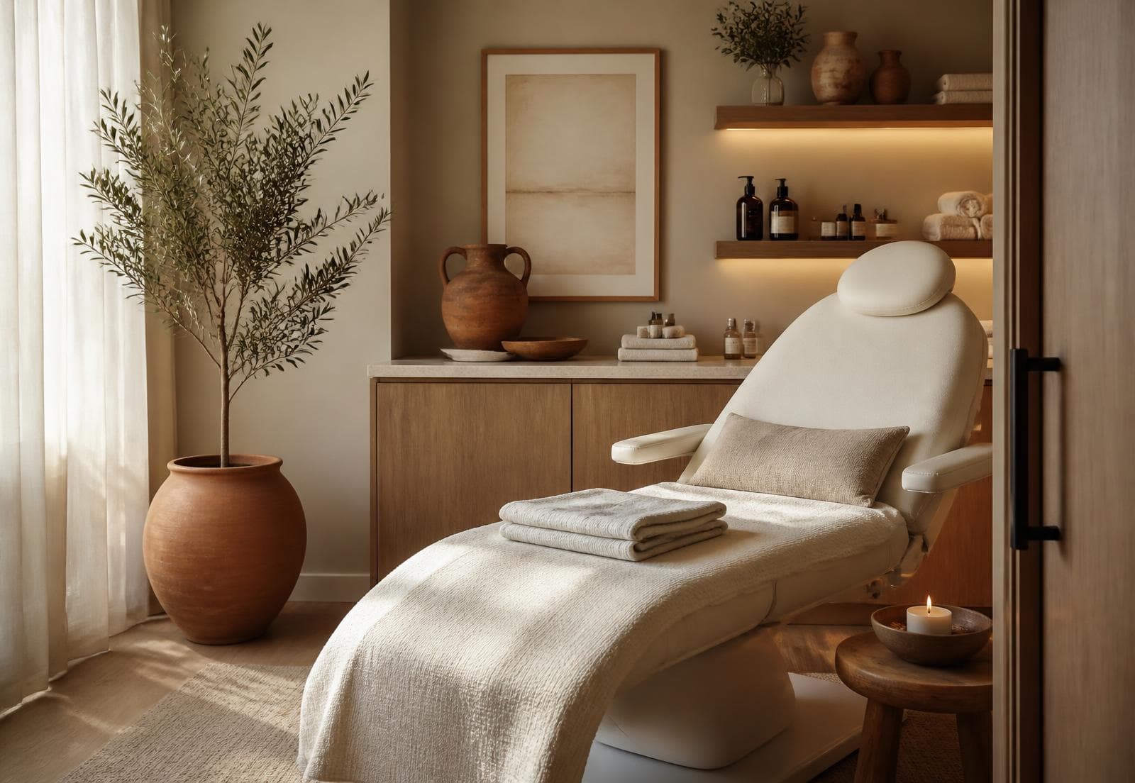 A calm treatment room with warm wood, linen towels and an olive tree