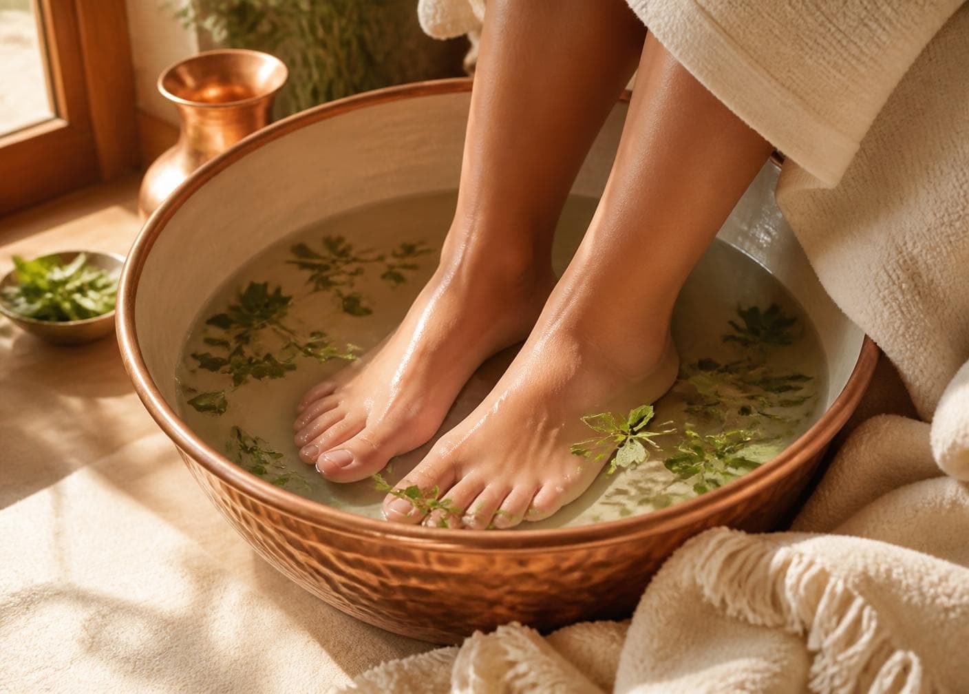 Feet resting in a warm footbath with floating herb leaves